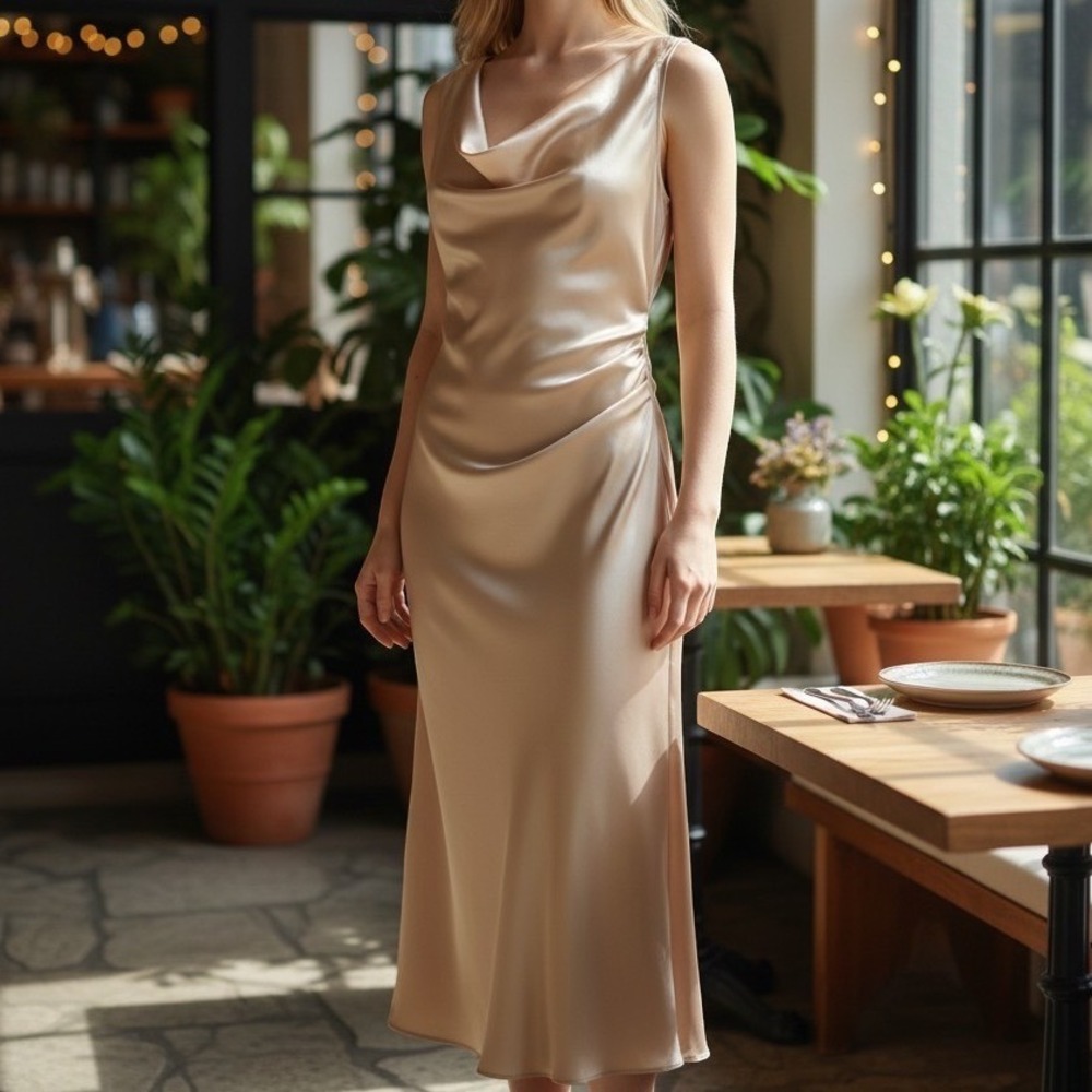 Bebe Satin Midi Dress Women Large Champagne Cowl Neck Ruched Sleeveless Elegant